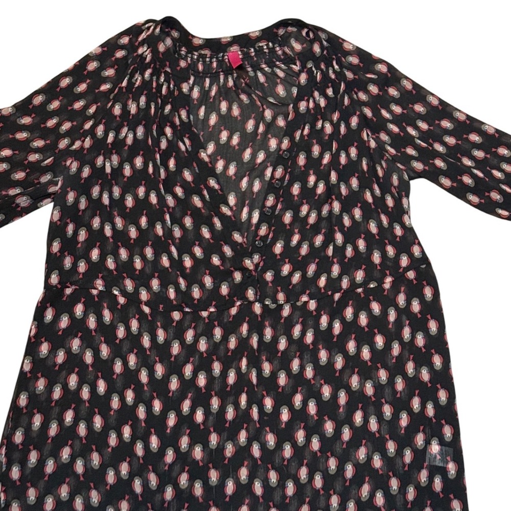 Pure Essence Black Owl Print V Neck Button Front Sheer Tunic Top Women Size 1